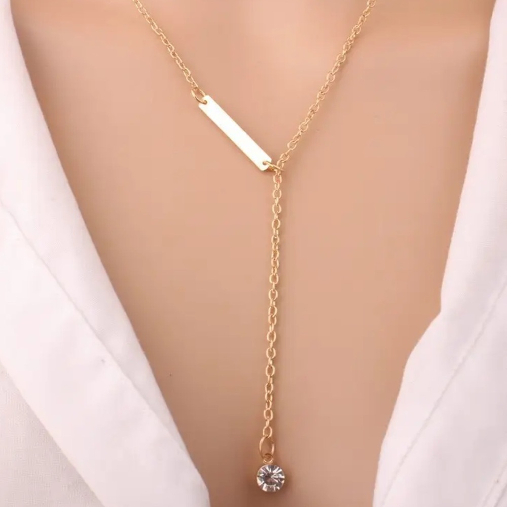 Gold Filled Bar CZ Lariat Necklace